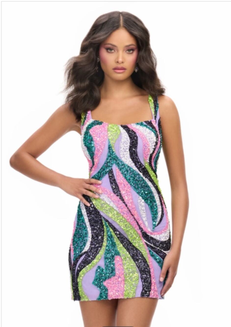 ASHLEYlauren 4774 Disco Glam Multicolor Beaded Mini Dress NWT 4